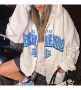 Loose Letter Print Long Sleeve Hooded Sweater Jacket