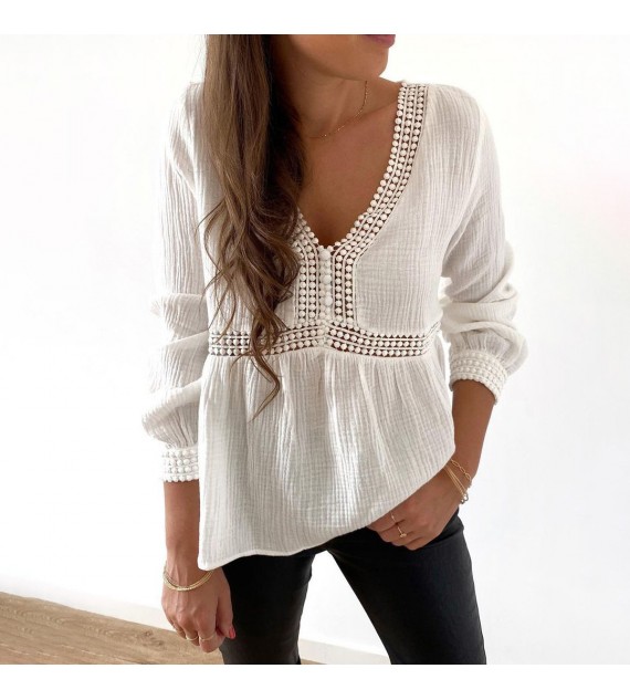 Solid Color V Neck Long Sleeves Lace Blouse