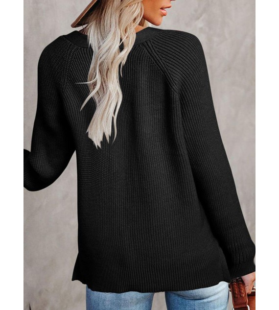 V-neck Casual Loose Solid Color Sweater Pullover
