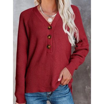V-neck Casual Loose Solid Color Sweater Pullover