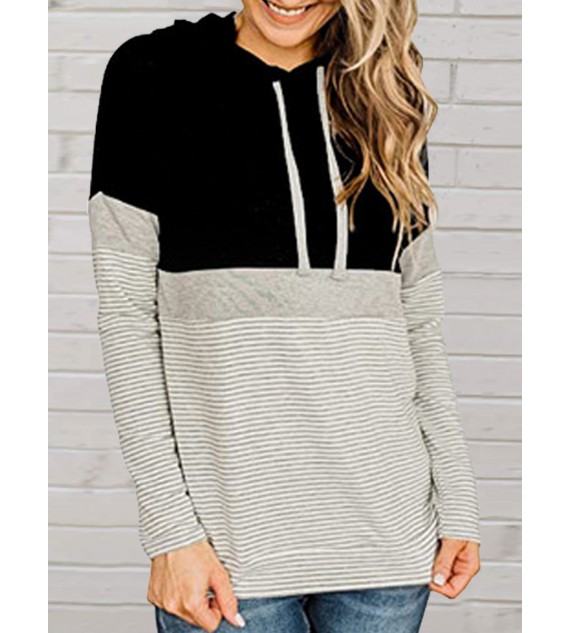 Casual Stitching Striped Long-Sleeved Hooded Sweatshirt