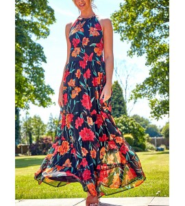 Floral Print Belted Sleeveless Halter Neck Maxi Dress