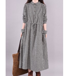 Cotton And Linen Plaid Long Sleeves Maxi Dress