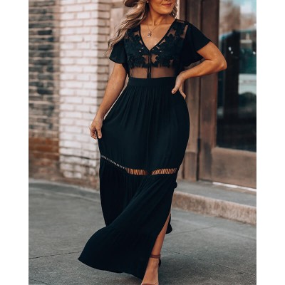 Woman Embroidered Lace V-neck Sexy Holiday Dress
